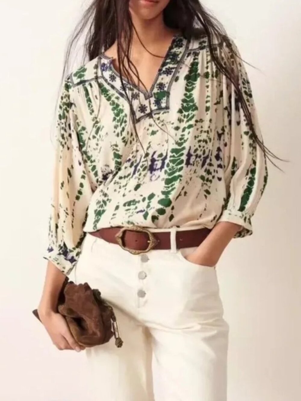 Ba&sh Idris Tie Dye Puff Sleeve Blouse Peasant Top Embroidered Boho Bohemian
